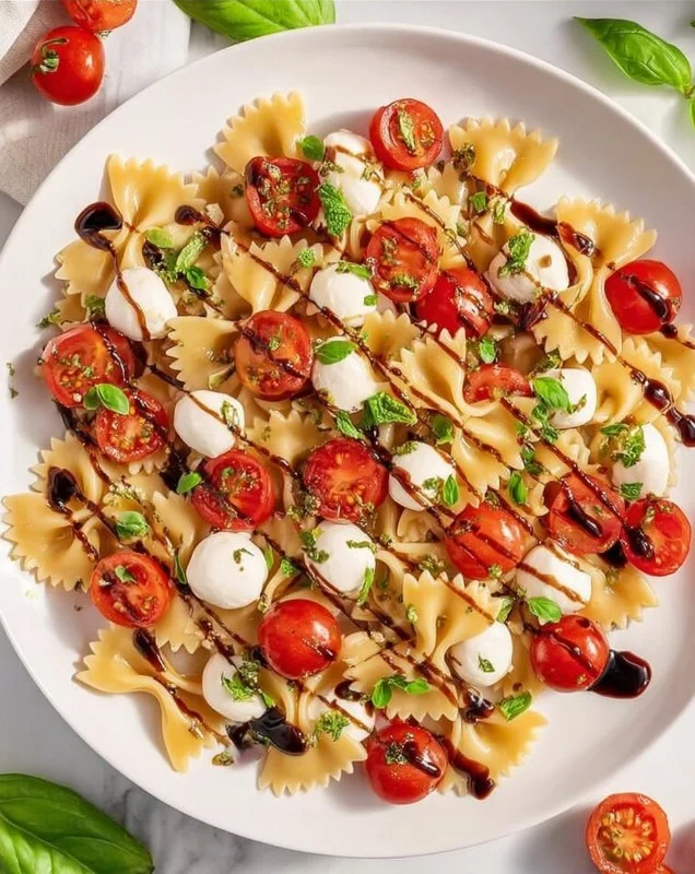 Delicious Caprese Pasta Salad with mozzarella, tomatoes, and fresh basil