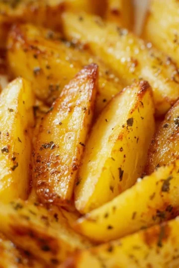 Delicious crispy Greek lemon potatoes garnished with herbs