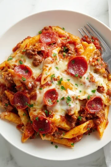 Cheesy Pizza Pasta Casserole served in a baking dish