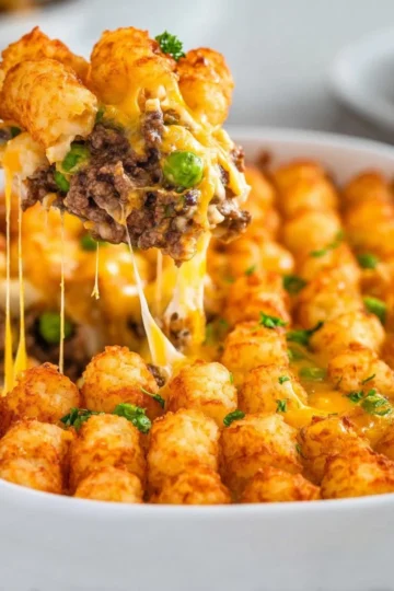 Delicious homemade Tater Tot Casserole topped with melted cheese