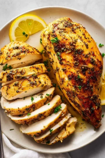 Delicious air fryer chicken breast served with vegetables in a bowl