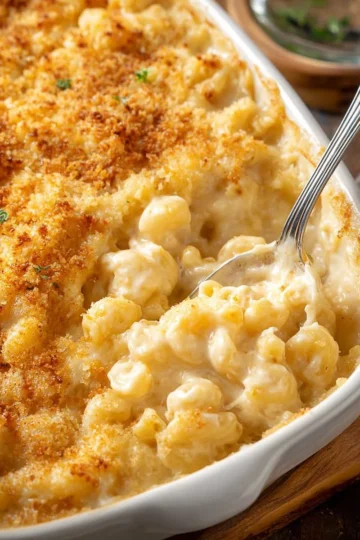 Baked macaroni and cheese served in a casserole dish with a crispy topping