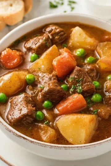 Delicious homemade beef stew with tender meat and vegetables in a bowl