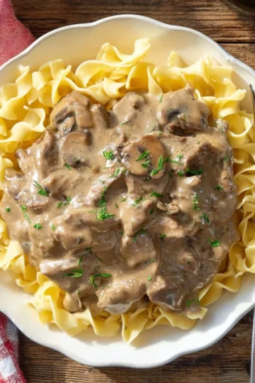 Delicious Beef Stroganoff served with egg noodles in a creamy sauce