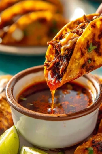 Delicious Birria Tacos served with rich broth and melted cheese