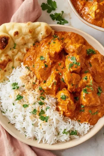Delicious butter chicken served with rice and naan bread