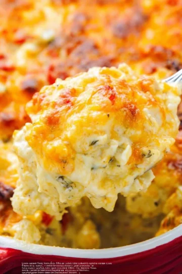 Delicious cheesy hashbrown casserole baked to perfection in a glass dish.