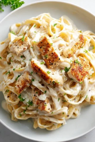 Delicious Chicken Alfredo Pasta with creamy sauce and tender chicken pieces