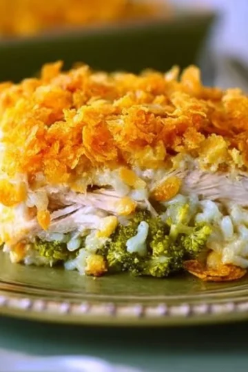 Delicious Chicken Broccoli Rice Casserole served in a white dish