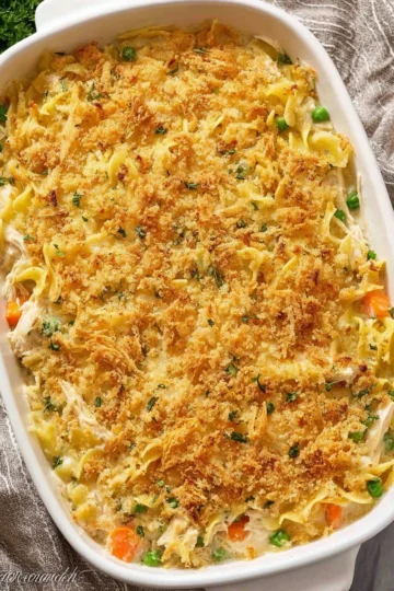 Delicious Chicken Noodle Casserole in a baking dish, ready to serve.