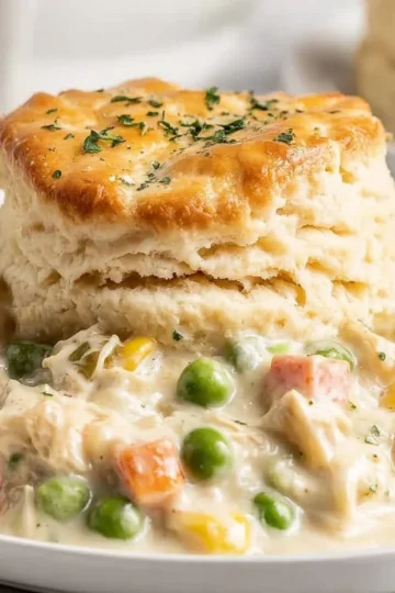 Delicious chicken pot pie topped with flaky biscuits served on a plate