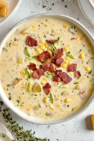 A bowl of creamy corn chowder garnished with herbs and served with bread