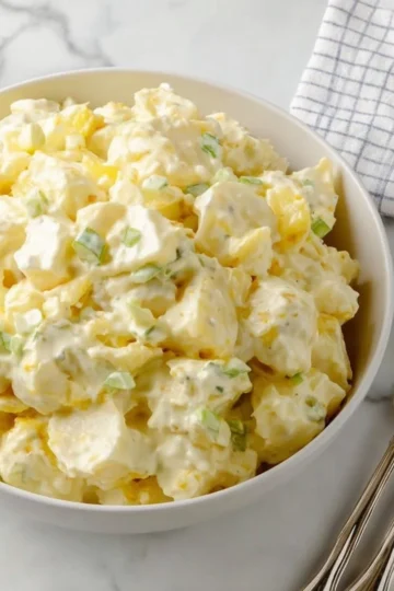 Delicious creamy potato salad served in a bowl with fresh herbs
