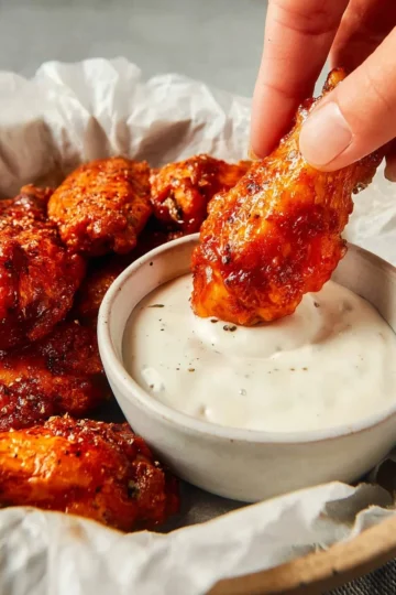 Plate of crispy baked chicken wings garnished with herbs