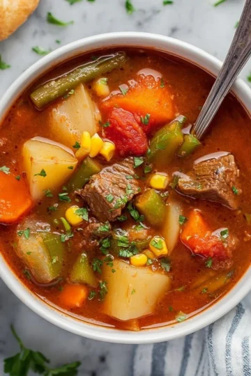 A bowl of hearty crockpot vegetable beef soup with colorful vegetables and tender beef