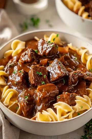 Delicious bowl of easy beef and noodles garnished with herbs