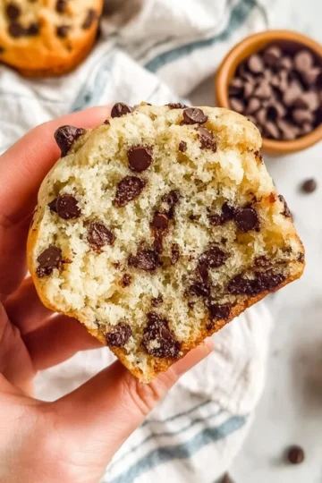 Freshly baked easy chocolate chip muffins with chocolate chips on top