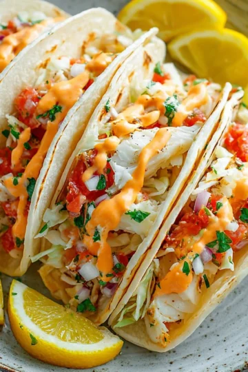 Delicious easy fish tacos topped with fresh ingredients on a plate.