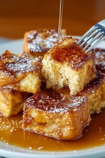 Deliciously baked Easy Traditional French Toast Casserole topped with syrup and berries.