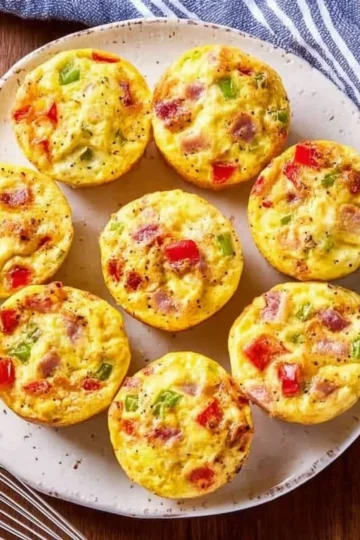 A tray of homemade egg muffins with colorful vegetables and cheese.