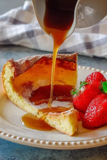 Delicious homemade German pancake served with fruit and powdered sugar.