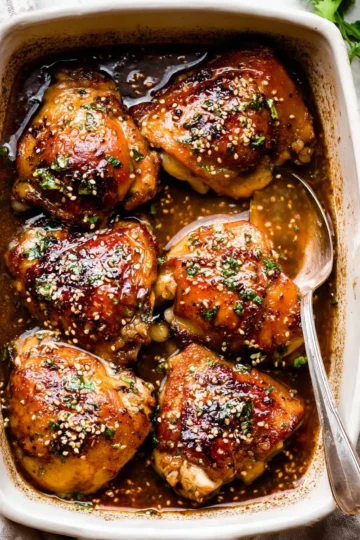 Honey garlic baked chicken thighs garnished with herbs on a rustic plate
