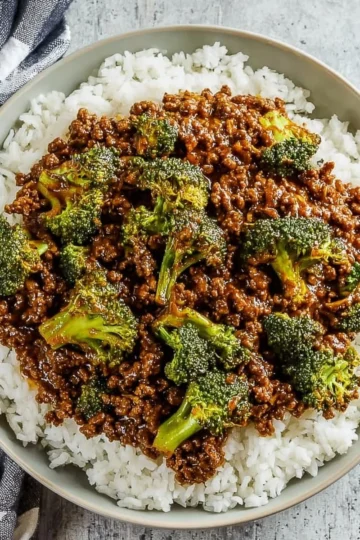 Honey garlic ground beef and broccoli dish served in a bowl