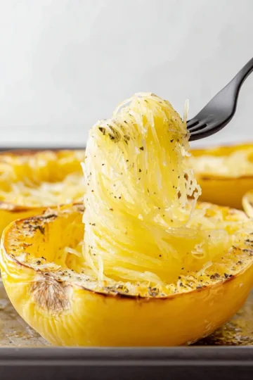 Oven-baked spaghetti squash ready for serving with seasonings