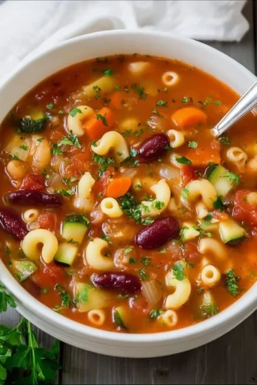 A bowl of hearty minestrone soup featuring vegetables and pasta, inspired by Olive Garden.