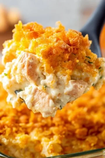 Ritz Chicken and Rice Casserole topped with crispy Ritz crackers