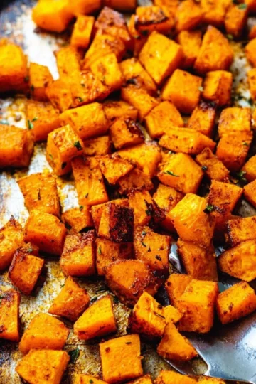Delicious roasted sweet potatoes served in a bowl.