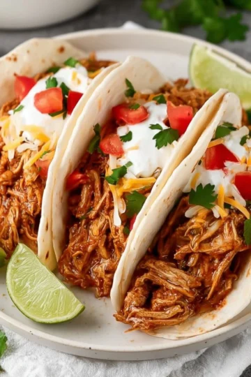 Delicious rotisserie chicken tacos garnished with fresh toppings