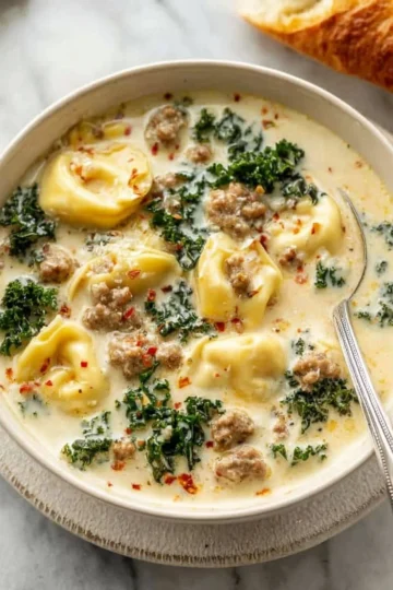 Bowl of Sausage Tortellini Soup with fresh herbs and vegetables
