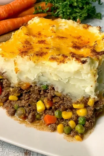 Delicious homemade Shepherd's Pie topped with creamy mashed potatoes and savory filling.