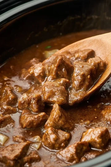Delicious slow cooker beef tips served in rich gravy