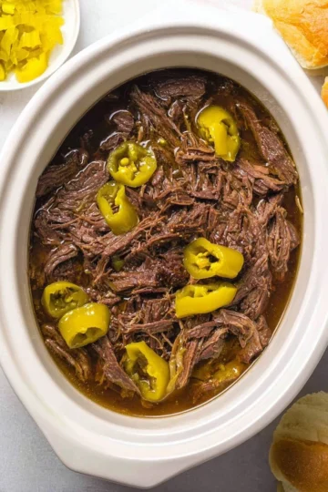 Delicious Slow Cooker Italian Beef served on a bun