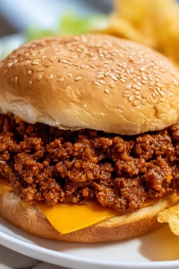 Delicious slow cooker sloppy joes served on a bun with pickles and fries.