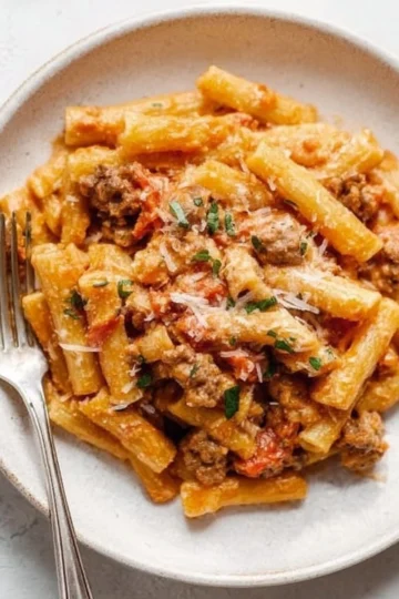 A plate of spicy Italian sausage pasta garnished with herbs and spices.