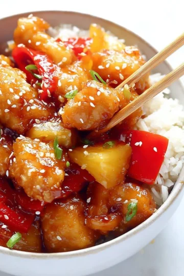 Bowl of Sweet and Sour Chicken served with colorful vegetables and rice