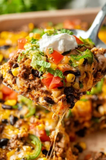 Deliciously layered Taco Casserole with beef, cheese, and toppings baked to perfection
