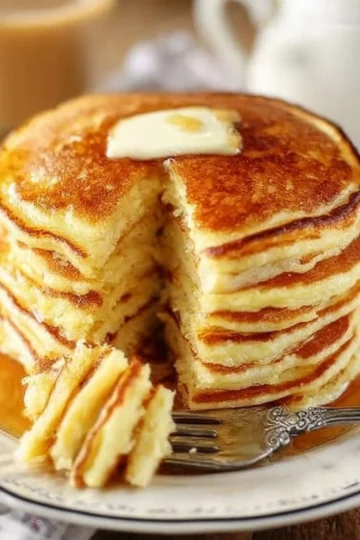 Fluffy buttermilk pancakes stacked on a plate with syrup
