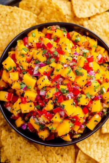 Freshly made 5 minute mango salsa recipe with colorful ingredients.
