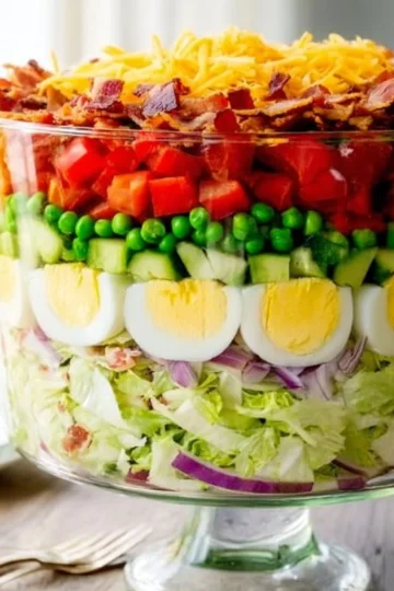 Layer Salad featuring vibrant vegetables, cheese, and dressing in seven distinct layers.