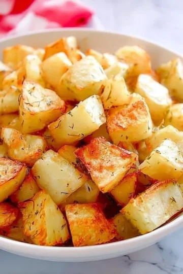 Crispy air fryer roasted potatoes served in a bowl with herbs.