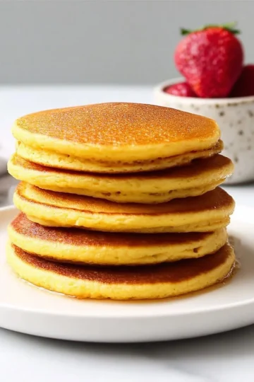 Fluffy almond flour pancakes topped with fresh berries and maple syrup
