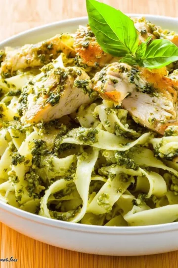 Best Ever Chicken Pesto Pasta with fresh basil and grilled chicken
