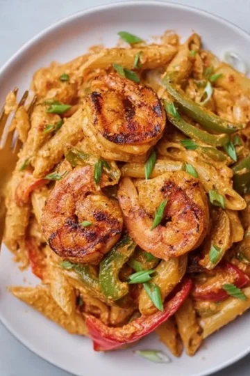 Delicious Rasta Pasta with jerk shrimp, colorful peppers, and creamy sauce.