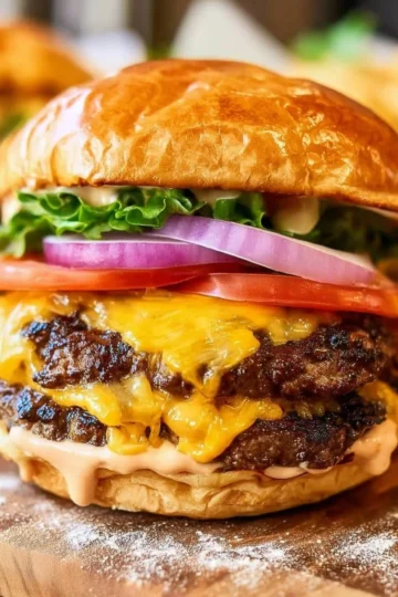 Perfectly cooked smash burger with toppings and grill marks