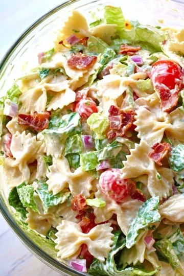 Delicious BLT Pasta Salad with bacon, lettuce, and tomatoes in a creamy dressing