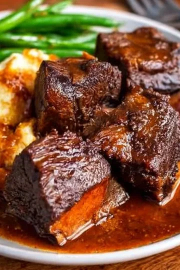 Delicious braised short ribs served with vegetables and sauce
